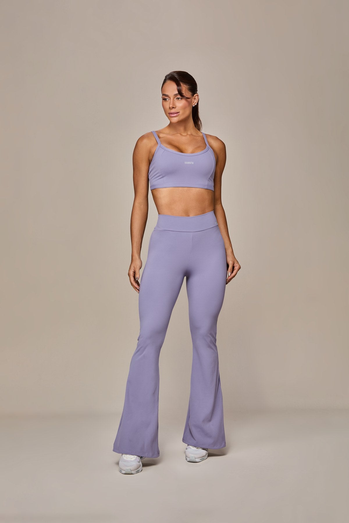 Via Mafia Velvet Set — Lilac flare pants and crop top, front view