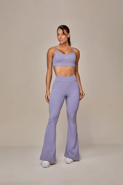 Via Mafia Velvet Set — Lilac flare pants and crop top, front view