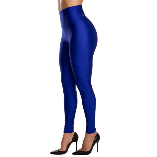 Blue leggings worn by a person on a white background
